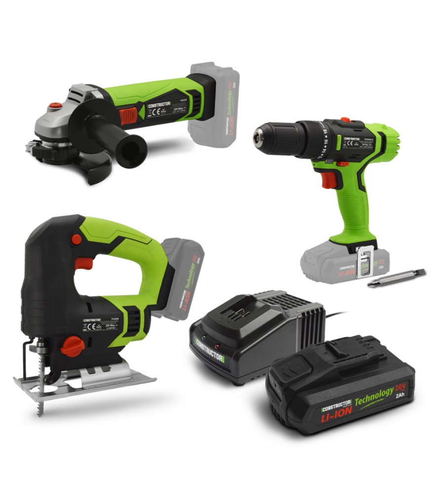 Kit 3 machines sans fil 20V(scie sauteuse + meuleuse + visseuse) +1 batterie 2Ah+ chargeur 