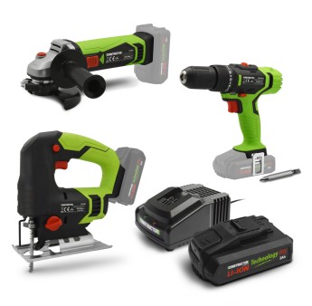 Set van 3 20V snoerloze machines (decoupeerzaag + slijper + schroevendraaier) +1 2Ah batterij + lader 