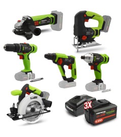 Set van 6 20V snoerloze machines + 3 x 4Ah batterijen en lader