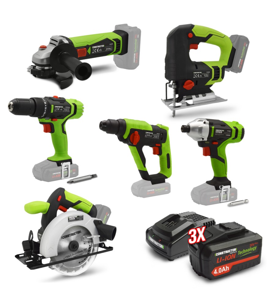 Set van 6 20V snoerloze machines + 3 x 4Ah batterijen en lader