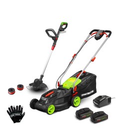 Oplaadbare grasmaaier 40V (2x20V) 34 cm + kantenfrees + handschoenen + 2 kooien met 2 x 2Ah batterijen en lader 