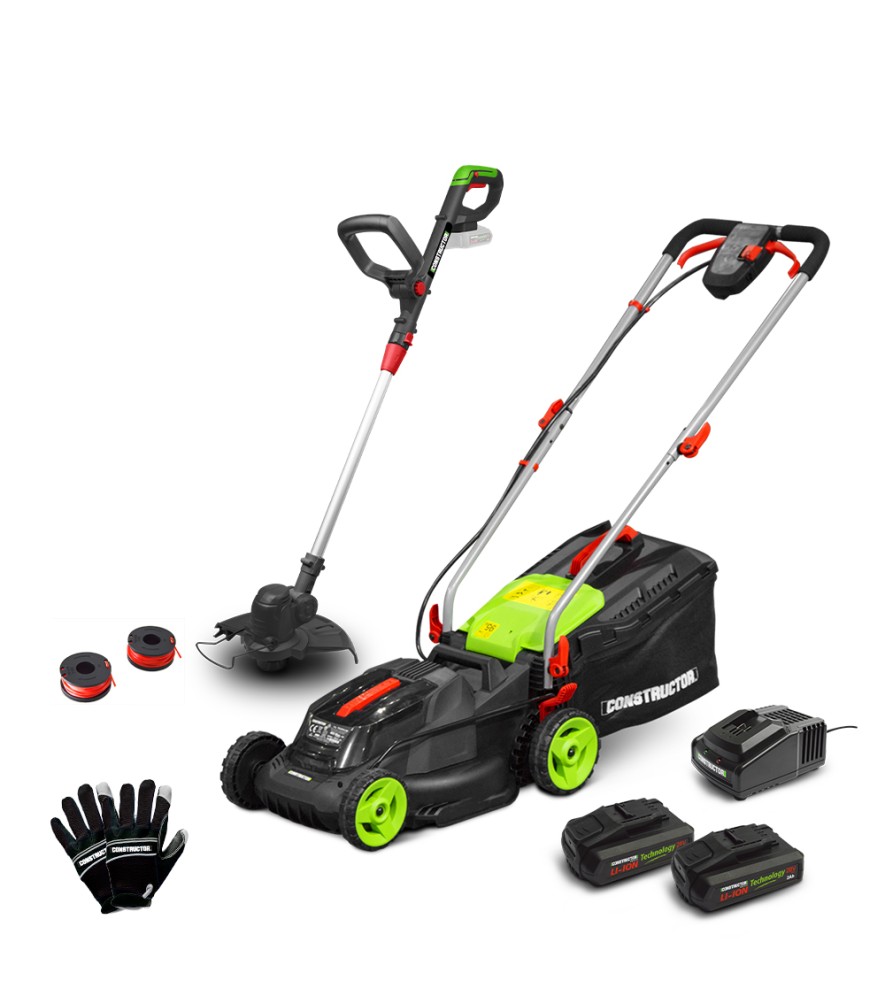 Tondeuse rechargeable 40V (2x20V) 34 cm + coupe bordures + gants + 2 bobines avec 2 batteries 2Ah et chargeur 