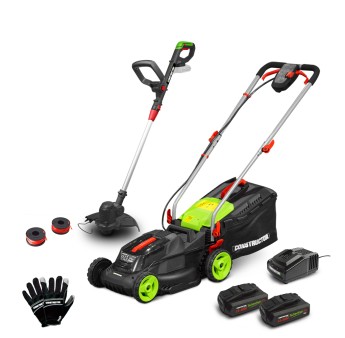 Oplaadbare grasmaaier 40V (2x20V) 34 cm + kantenfrees + handschoenen + 2 kooien met 2 x 2Ah batterijen en lader 