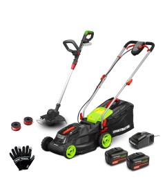 Oplaadbare grasmaaier 40V (2x20V) 34 cm + kantenfrees + handschoenen + 2 kooien met 2 x 4Ah batterijen en lader 