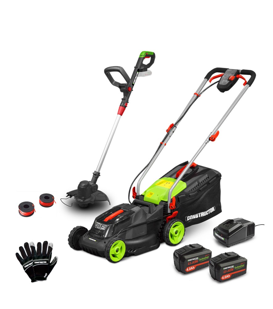 Tondeuse rechargeable 40V (2x20V) 34 cm + coupe bordures + gants + 2 bobines avec 2 batteries 4Ah et chargeur 
