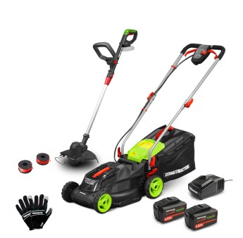 Oplaadbare grasmaaier 40V (2x20V) 34 cm + kantenfrees + handschoenen + 2 kooien met 2 x 4Ah batterijen en lader 