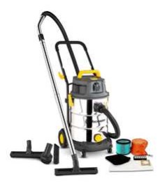 Aspirateur eau et poussières 1600W - 30L inox - 27 Kpa avec prise intégrée et bouchon de vidange