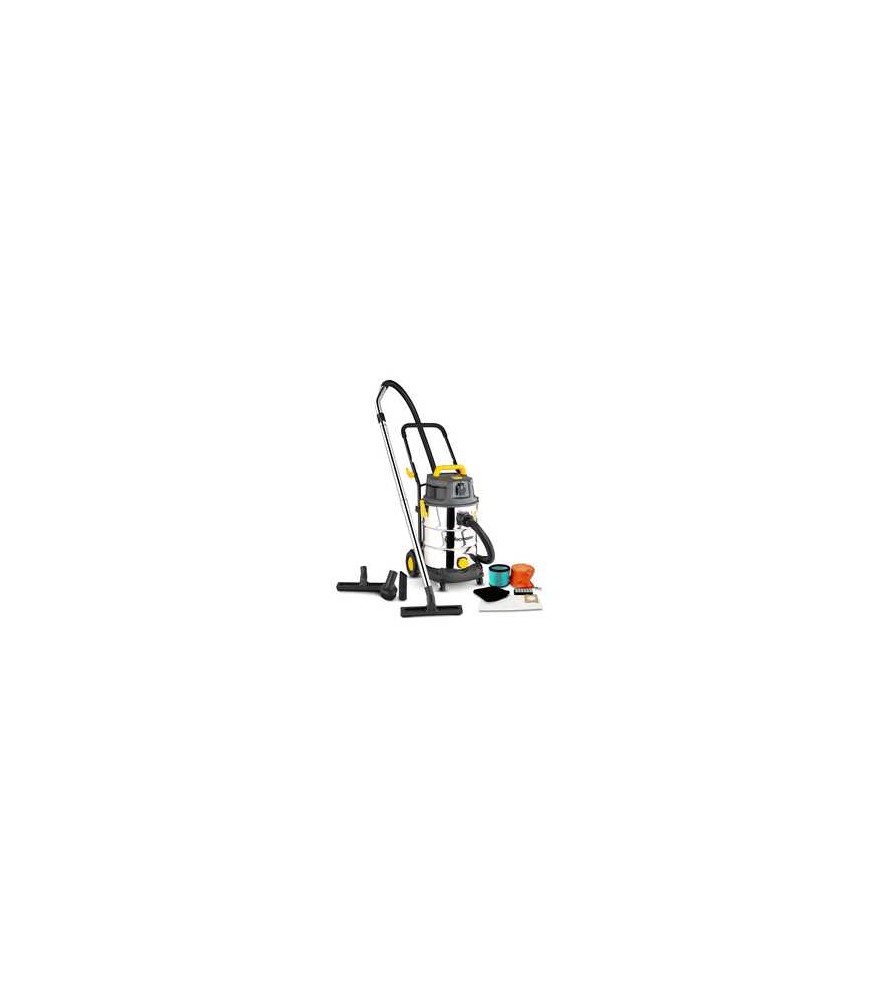 Aspirateur eau et poussières 1600W - 30L inox - 27 Kpa avec prise intégrée et bouchon de vidange