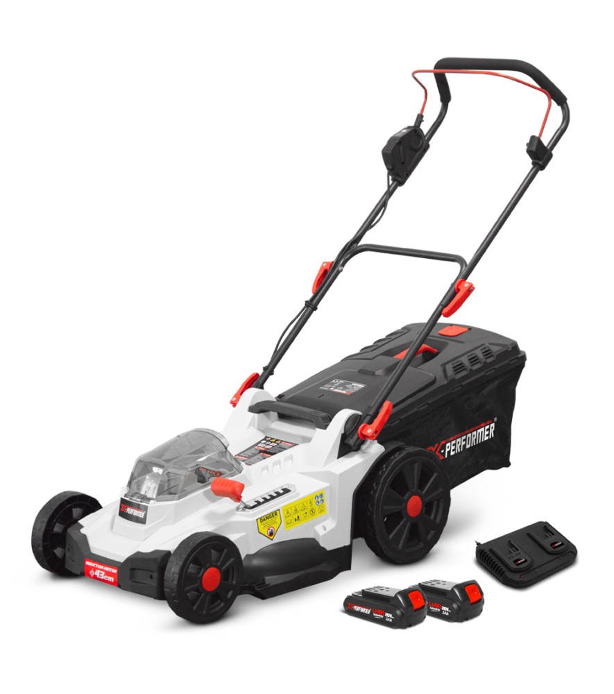 Oplaadbare grasmaaier 2 X 20V max 43 cm met 2Ah accu's en dubbele lader â?? X-Performer