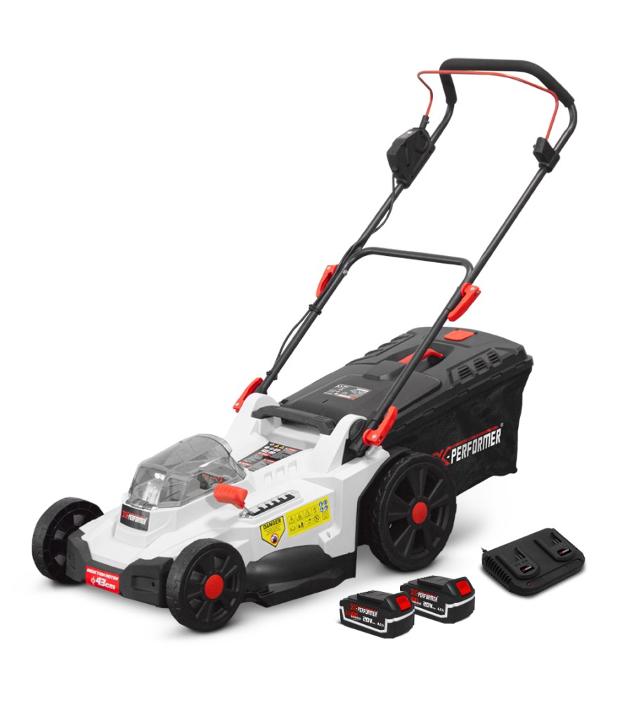 Oplaadbare grasmaaier 2 X 20V max 43 cm met 2Ah accu's en dubbele lader â?? X-Performer